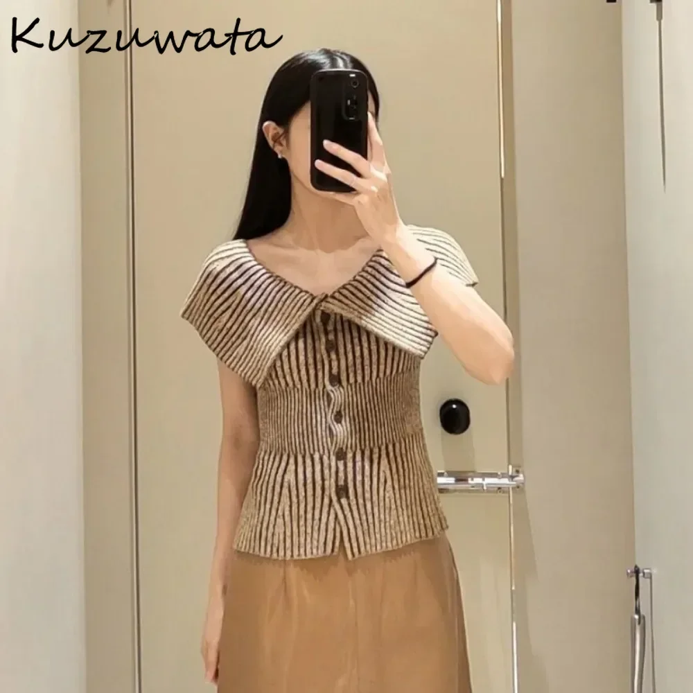 Kuzuwata New Moda Big Turn-down Collar Sleeveless Cardigan Off Shoulder Slim Fit Single Breasted Jumper Japan Knit All-match Top