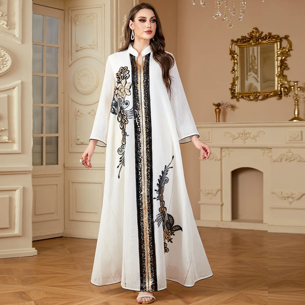 4175 new embroidered sequin decal women's Dubai robe polyester dress