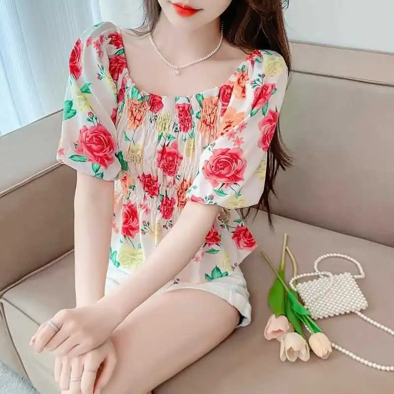 Flattering Women's Clothing Lantern Short Sleeve Slash Neck Summer Fashion Plant&Flowers Printing Contrast Colo Shirring Tops