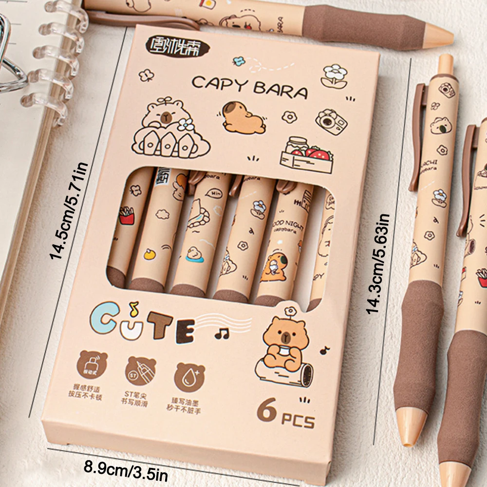 6PCS/Box ST Tip Capybara Neutral Pen Soft Cloud Grip Press Type Ballpoint Pen School Supplies Quick Drying Writing Tools Student