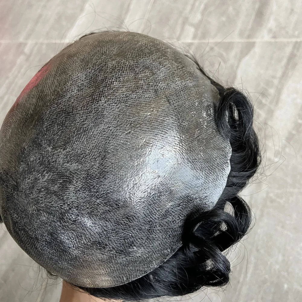 Garis rambut alami 15MM wig pria keriting Afro mesin rambut manusia 100% membuat kulit tipis sistem injeksi prostesis kapiler pria PU