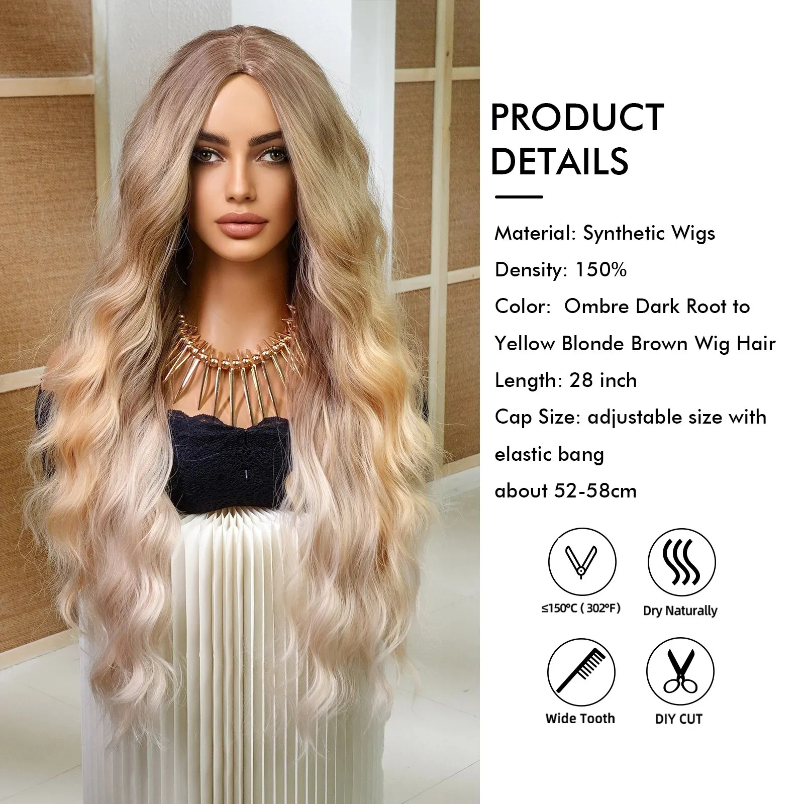 Długie peruki syntetyczne Middle Ombre Dark Root to Yellow Blonde Brown Wig Hair Elegancki styl dla dziewcząt i pań Natural Fiber Wear