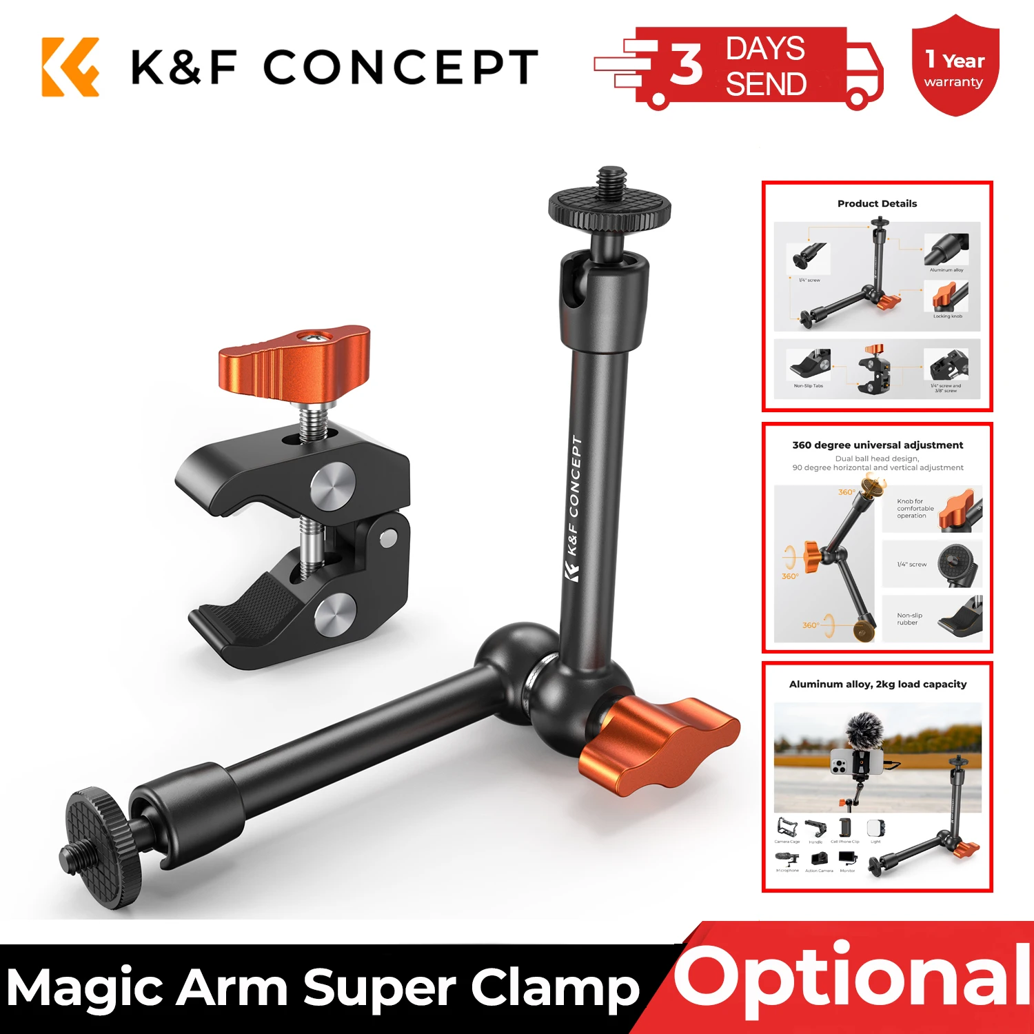 K&F CONCEPT Magic Arm Super Clamp Kit with 1/4