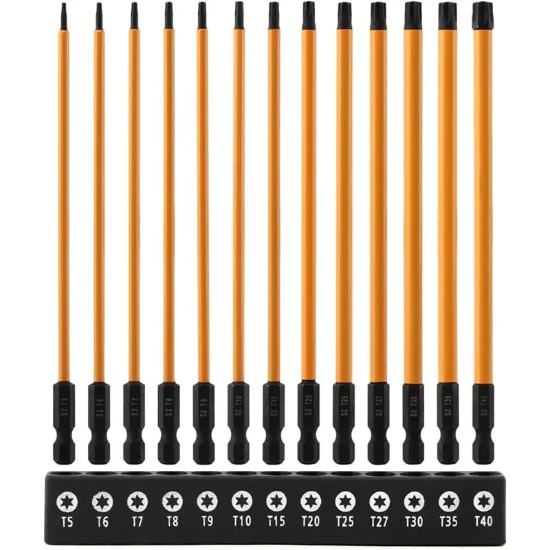 

Best-T6-T40 Magnetic S-2 Steel 1/4" Hex Shank 13-Piece Long Torx Bit Set With Holder, 6" Security Tamper Proof Star Bits