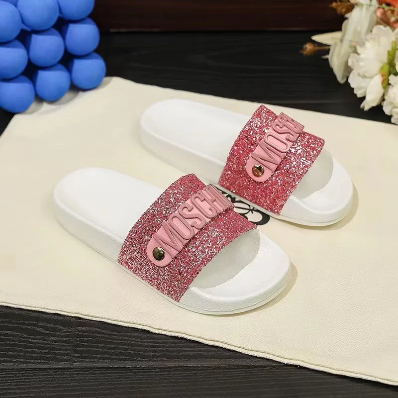 

2024 New Women's Slippers Cof-leather Non-slip, Muffin Bottom Simple Outer Wear, with Diamond Sequin Personality Thick Bottom