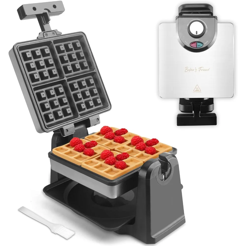 Mini Waffle Maker Flip, Belgian Waffle Maker Thick, with Browning Control, Waffle Irons Non Stick Surface, With Recipe & Brush