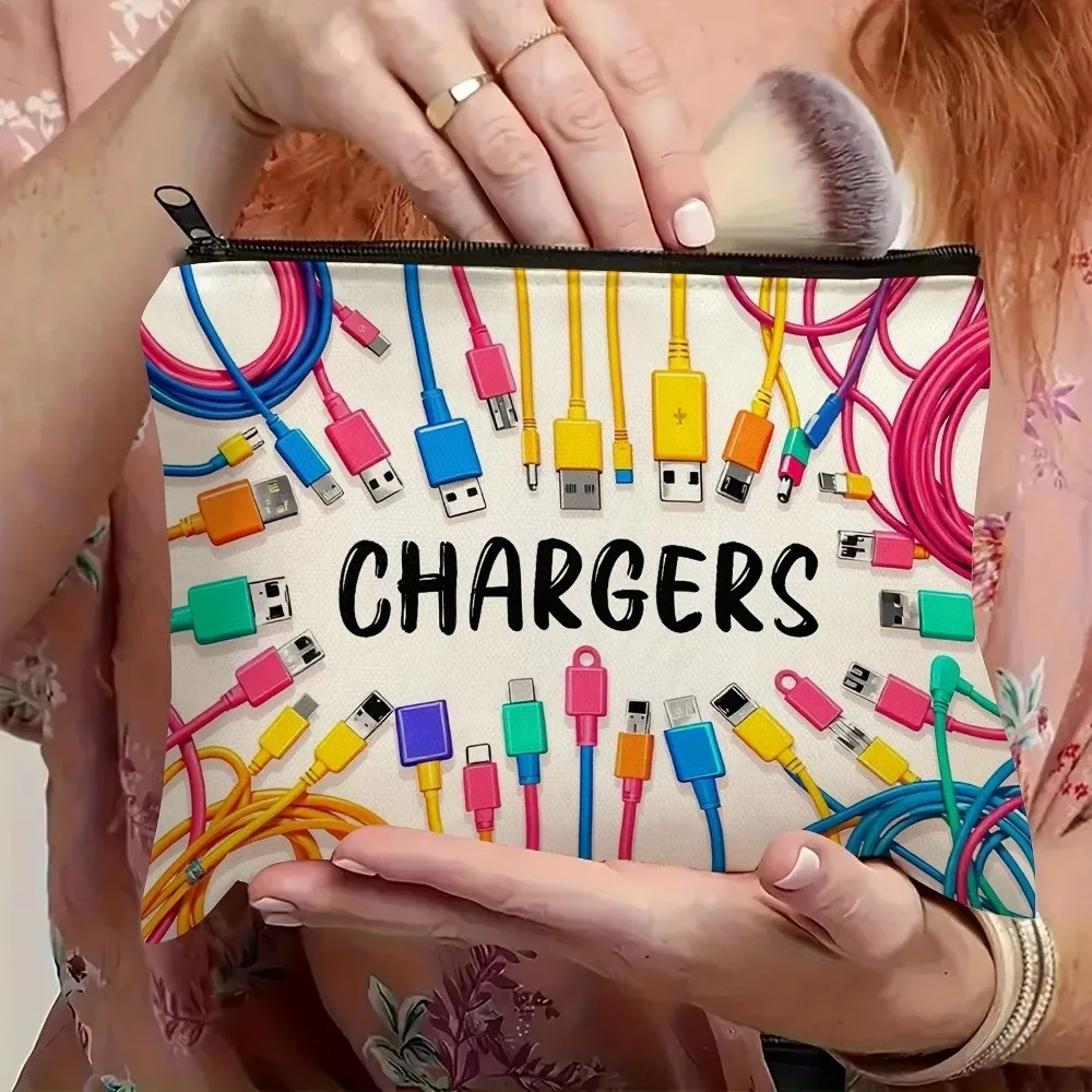 Canvas Charger Storage Pouch Zipper Closure Large Capacity Cable Organizer Bag Print Design Cosmetic Organizer for Office Desk