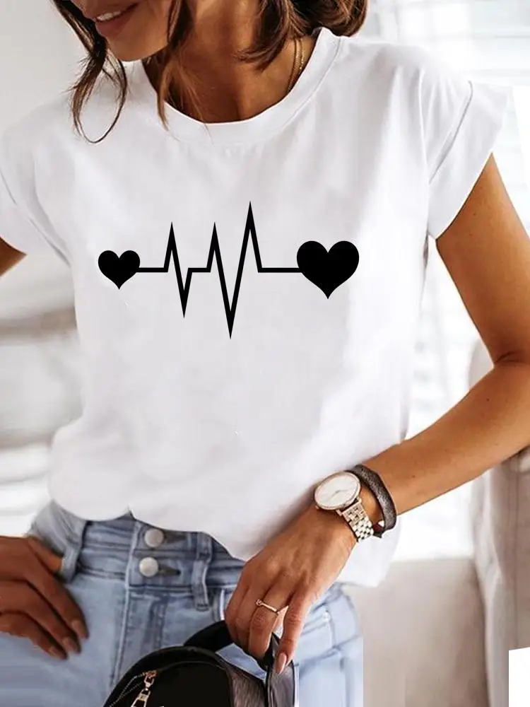 

Short Sleeve Print T Shirt Clothing Tee Women Graphic T-shirt Heartbeat Sweet Lovely 90s Summer Clothes Fashion Female Top