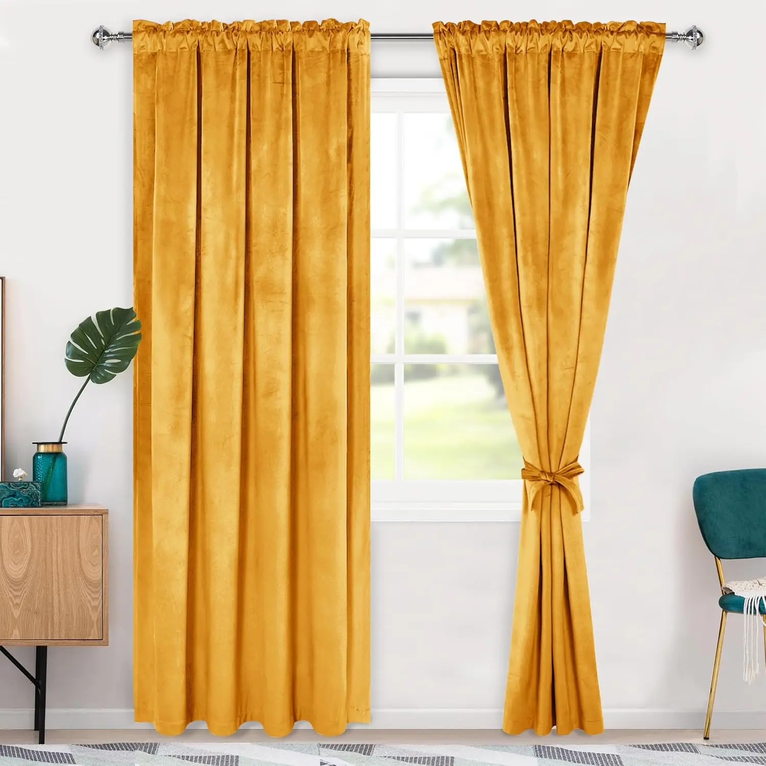 

Теплоизолирующие бархатные шторы Blackout 52W x 84L золотистого цвета для спальни и гостиной с подхватами