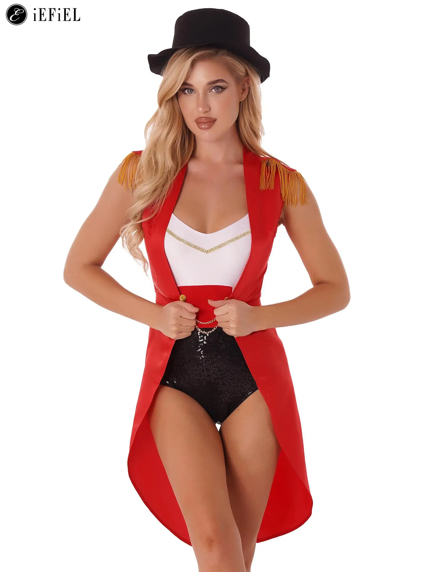 

Women's Red Showman Costume Halloween Circus Ringmaster Lion Tamer Bodysuit with Tailcoat and Hat Cosplay Dress Up Outfit