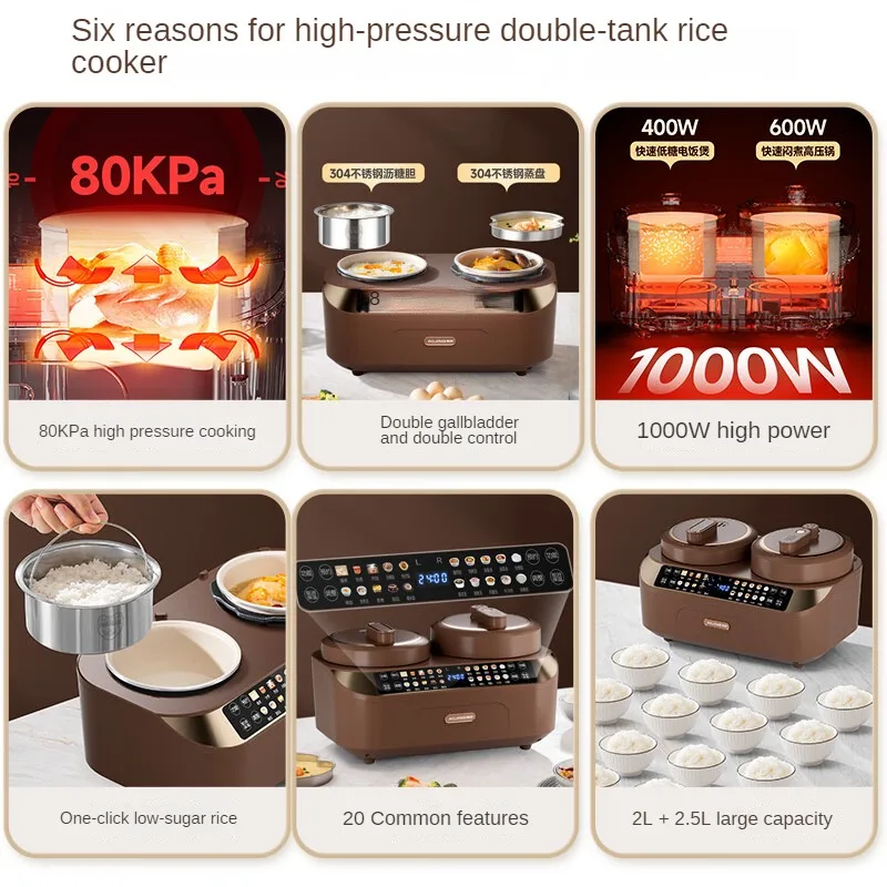 Multifunctional Rice Cooker with Dual-Control for Cooking Rice and Soup 2.5L Pressure Cooker and 2L Rice Cooker Combination 220V