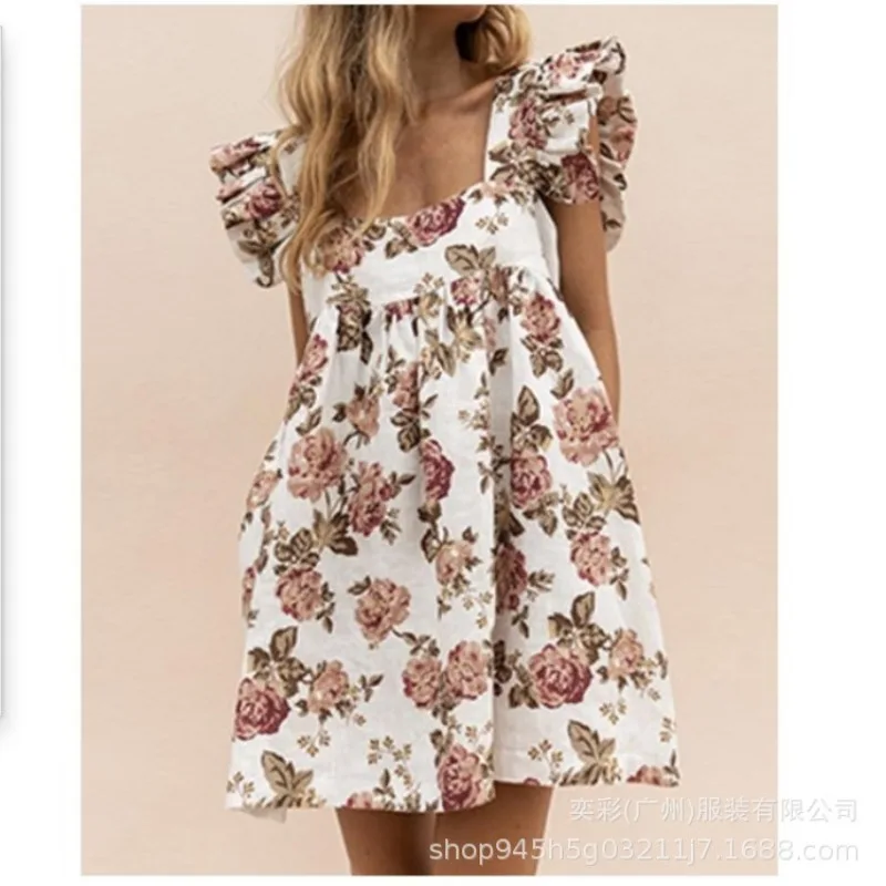 Summer New Dress Floral Printing Color Matching Square Neck Ruffle Edge Sleeve Solid Pendulum Dress for Women