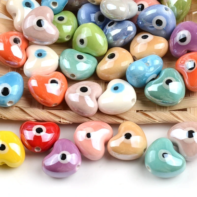 15pcs Love Heart  Evil Eye Ceramic Beads For Jewelry Making  Loose Spacer Heart Shape Ceramics Bead DIY Bracelet Earring