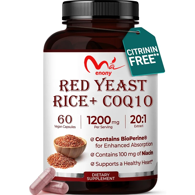 

Концентрированная добавка из красного дрожжевого риса (20-кратный концентрат, 1200 мг), содержащая коэнзим Q10 и BioPerine, без ГМО, веганская, 60 капсул.