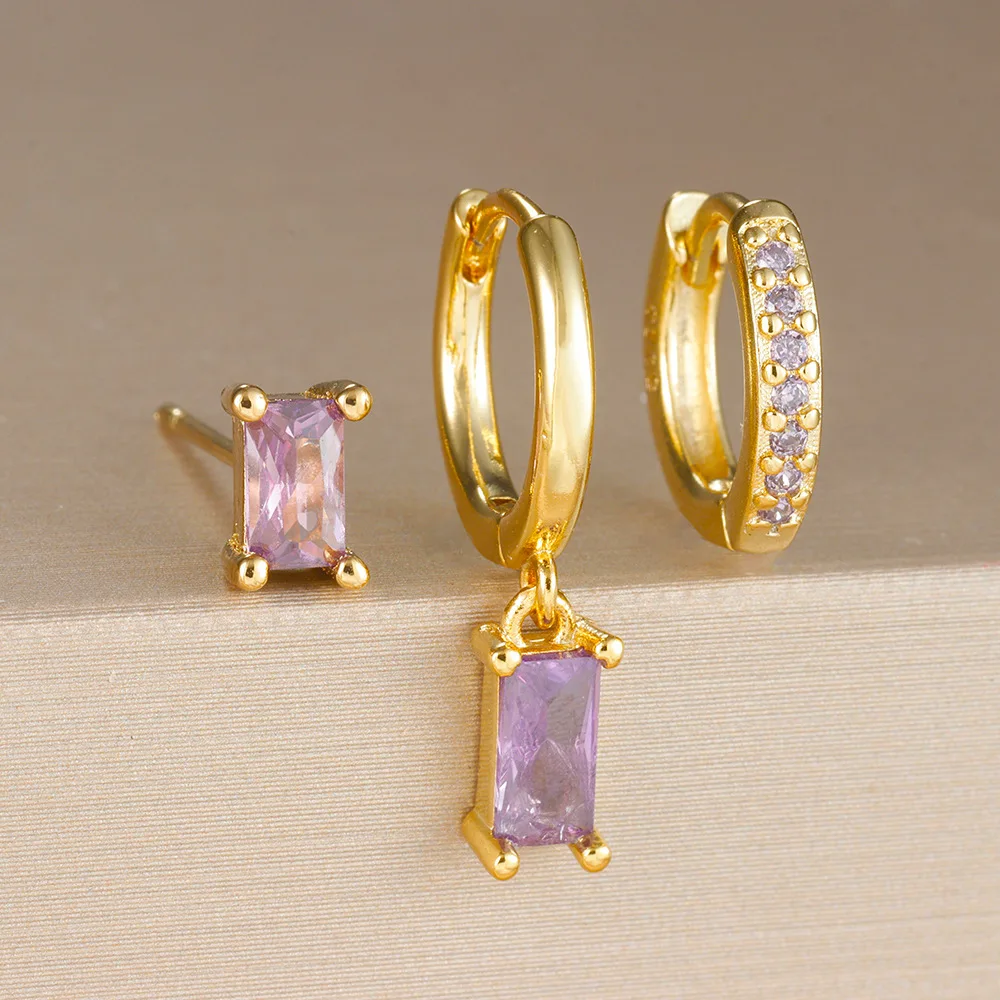 أقراط الزركون المستطيلة الجديدة عبر الحدود الأوروبية والأمريكية، أقراط الزركون الملونة المرصعة بشكل دقيق، مجموعة أقراط هندسية