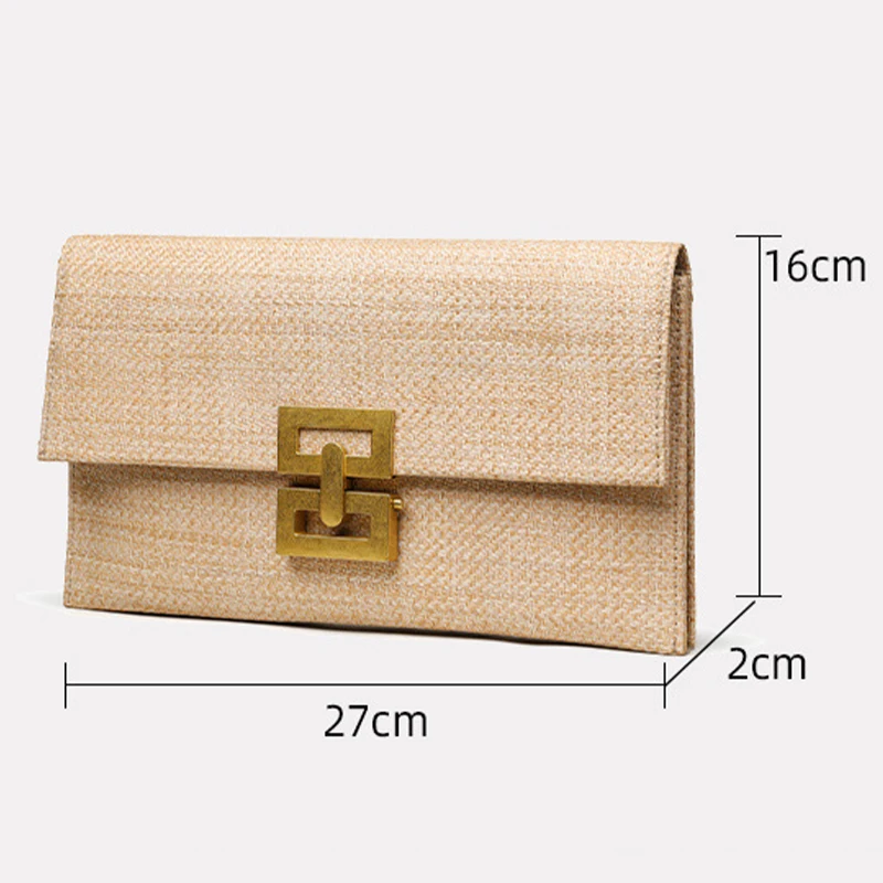 Fashion Summer Straw Envelope Handbag for Women Handmade Wristlet Woven Coin Purse Beach Party Wallet Metal Lock Clutch Bag 2024