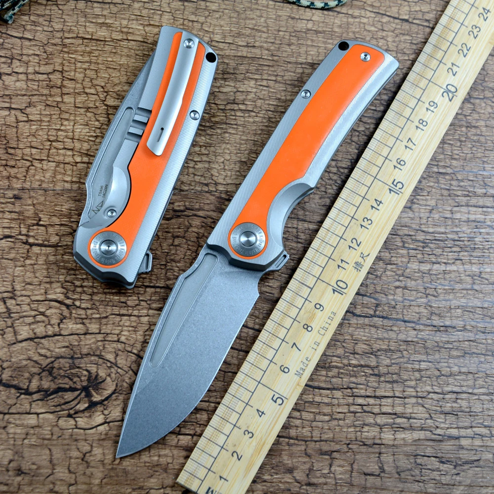 

TWOSUN TS496 Folding Knives 14C28N Blade Ceramic Ball Bearing Orange G10 TC4 Handle Outdoor Camping Hunting Pocket Knife