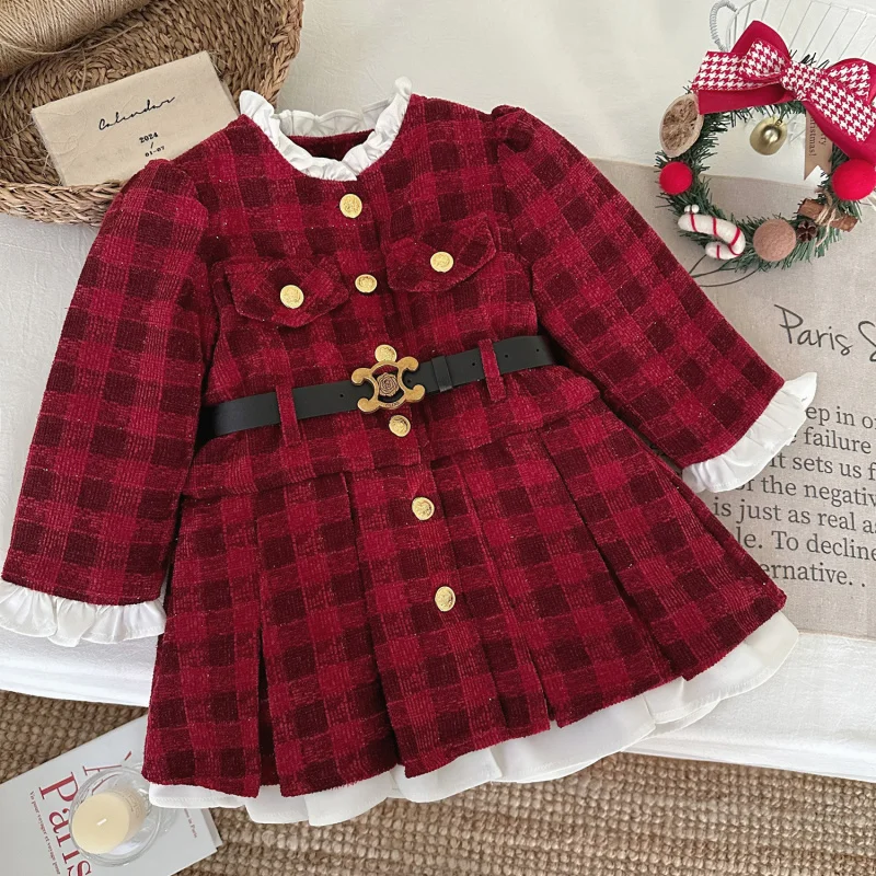 

Girls' Winter Coat New Long Sleeve Thickened Dress Waist-Cinching Plaid Children's Dress