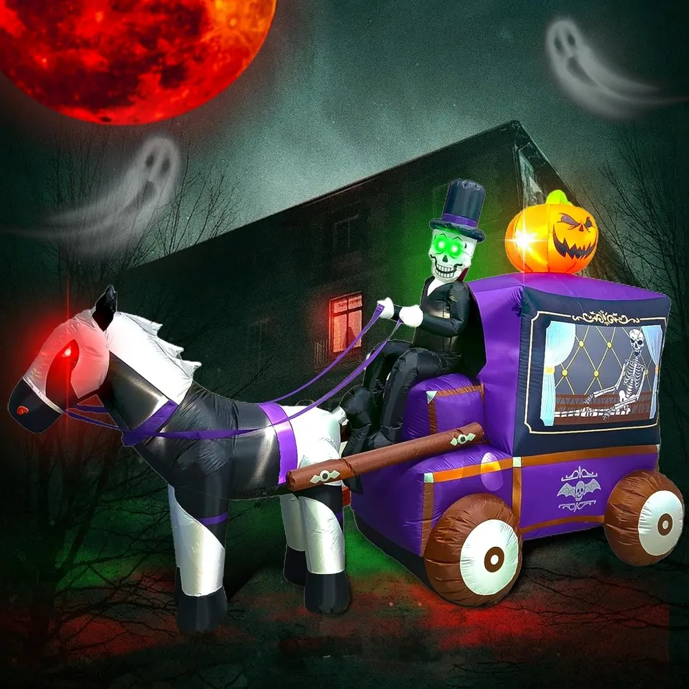 

12FT Giant Halloween Inflatables Horse Carriage, Scary Halloween Decorations Inflatables Built in 200W Lights