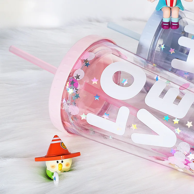 Dot Wave Plate Pipette Tumbler Double Layer Sequin Lovely Pink Plastic Water Bottle with Cover Straw Green Ice Cup In Summer