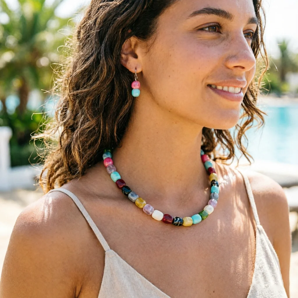 

Модное акриловое ожерелье с бусинами для женщин, стильное ожерелье с нерегулярными геометрическими элементами, аксессуар для отпуска и вечеринок, украшение.