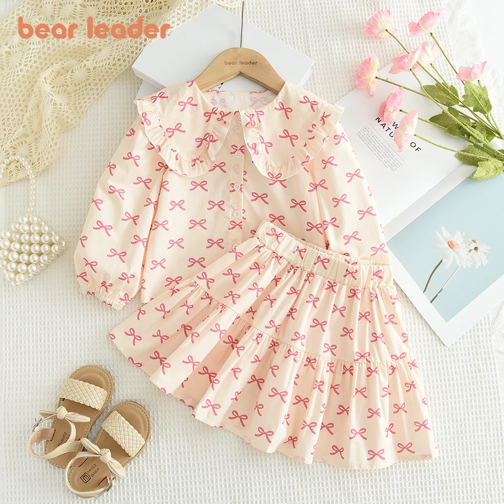 Bear Leader Girls Clothing Autumn Doll Collar Shirt and Cute Bow Print Skirt Sets Clothes Children\'s Sweet Costumes 100%Cotton