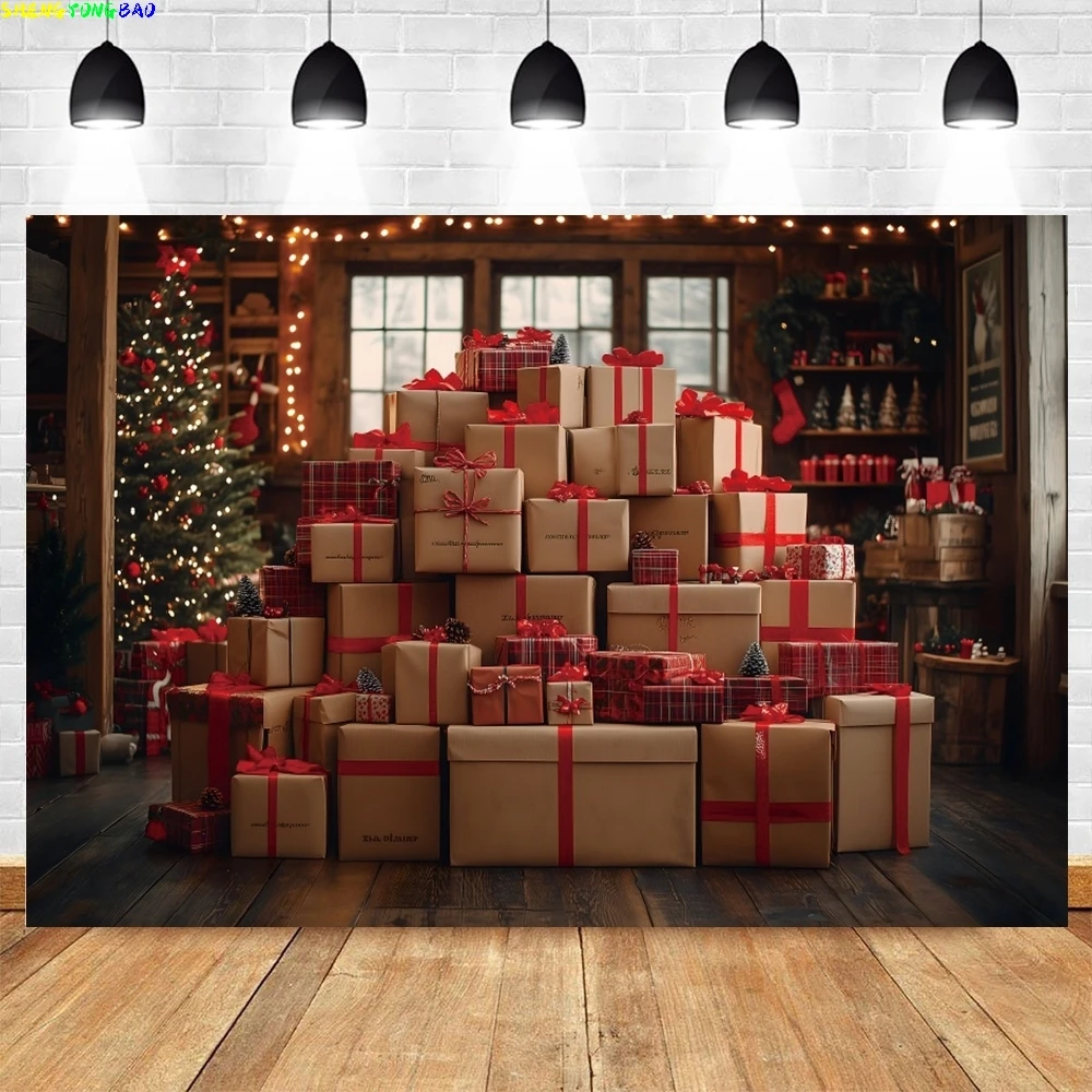 Christmas  Gifts Box Backdrop for Photography Teddy Bears New Year Decor Photo Background Kids Portrait Family Party Decorations