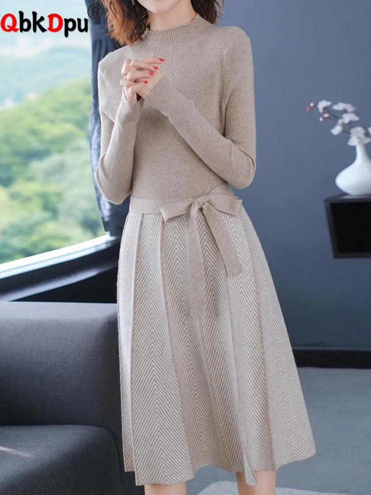 Elegante dünne gestrickte Midi-Kleider koreanisches Design Strickwaren Vestidos mit Gürtel Frauen lässig Langarm schlanke Elbise neu