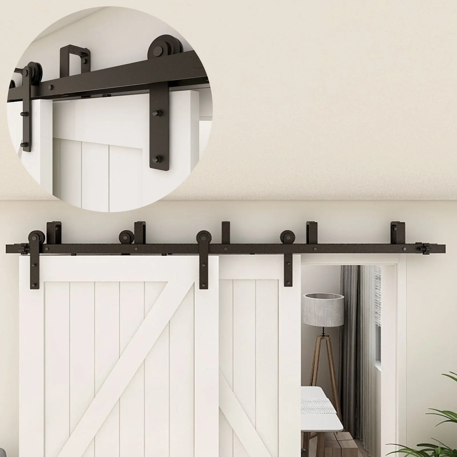 

121-487cm Barn Door Black Double-Track Roller Set, Carbon Steel Material (2 Doors Included)