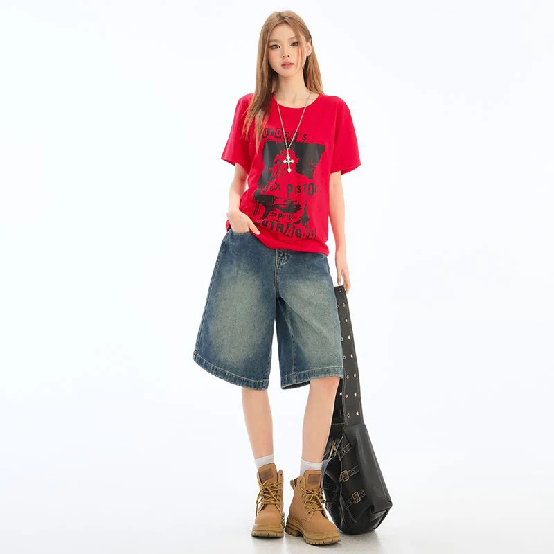

Vintage High Waisted Washed Denim Five Quarter Pants Women 2025 Summer New Loose Wide Leg Jeans Casual Versatile Denim Shorts