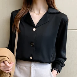 Blusa De manga larga para Mujer, camisa De gasa con cuello en V, color blanco y negro, 2024, E447