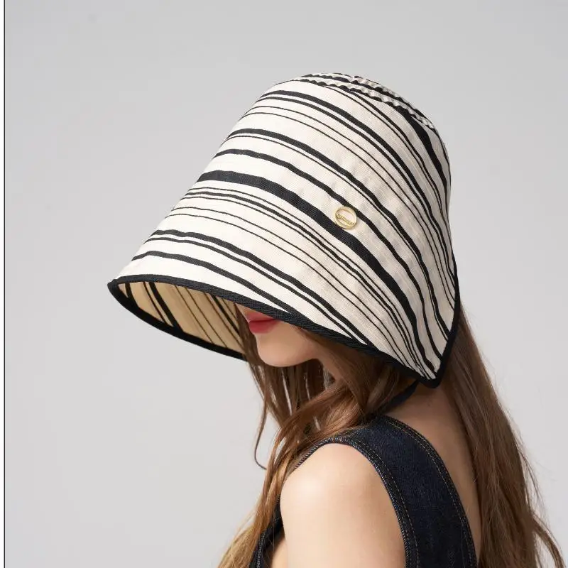 Atmungsaktive gestreifte Leinen-Sonnenschutzmütze mit verstellbarem Kinnband, UV-Schutz für Strandurlaub und Outdoor-Aktivitäten. – Detail 3