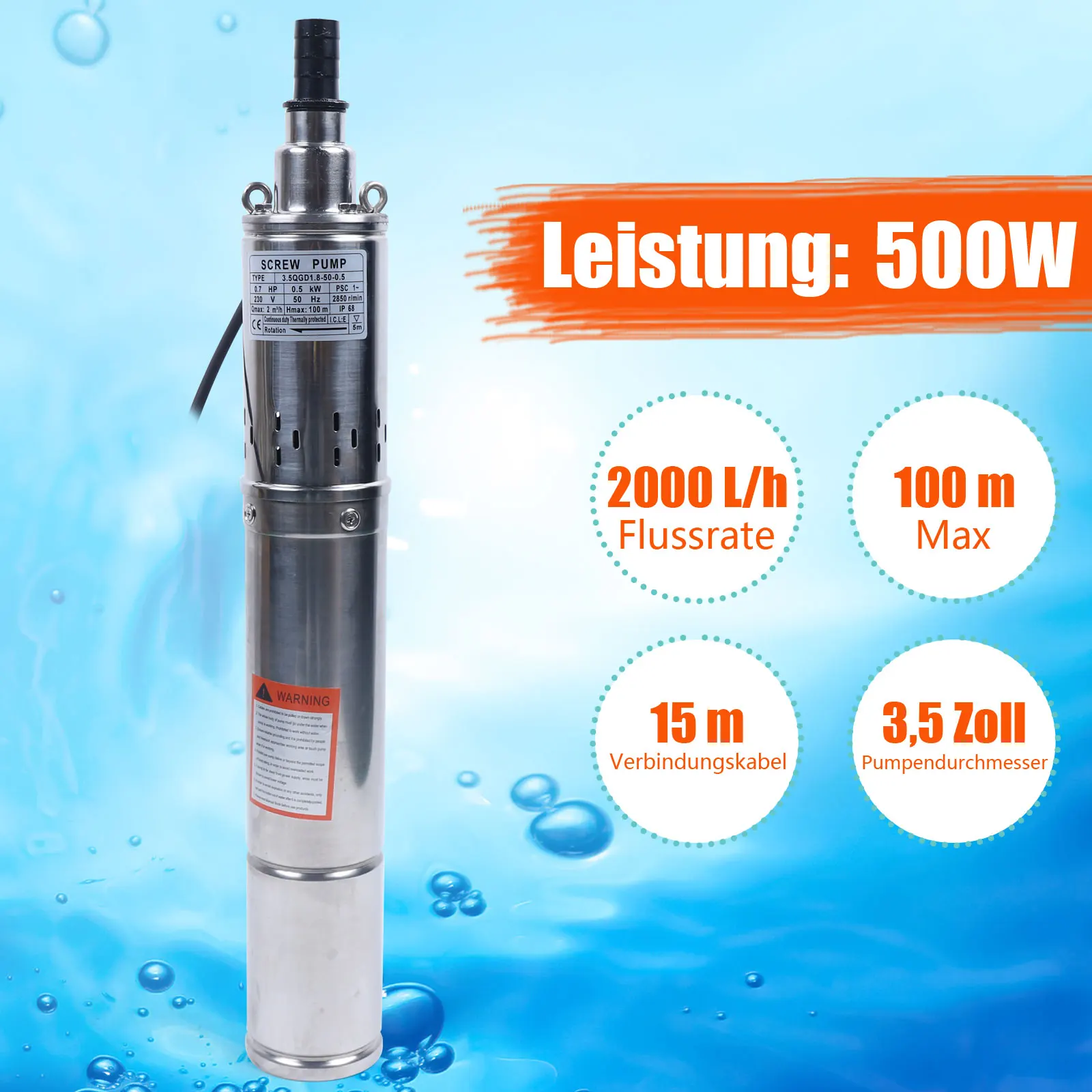 2m³/h Deep Well Water Pump Stainless Steel Electric Submersible Deep Well Pump for Villages Families Farms Camping Car