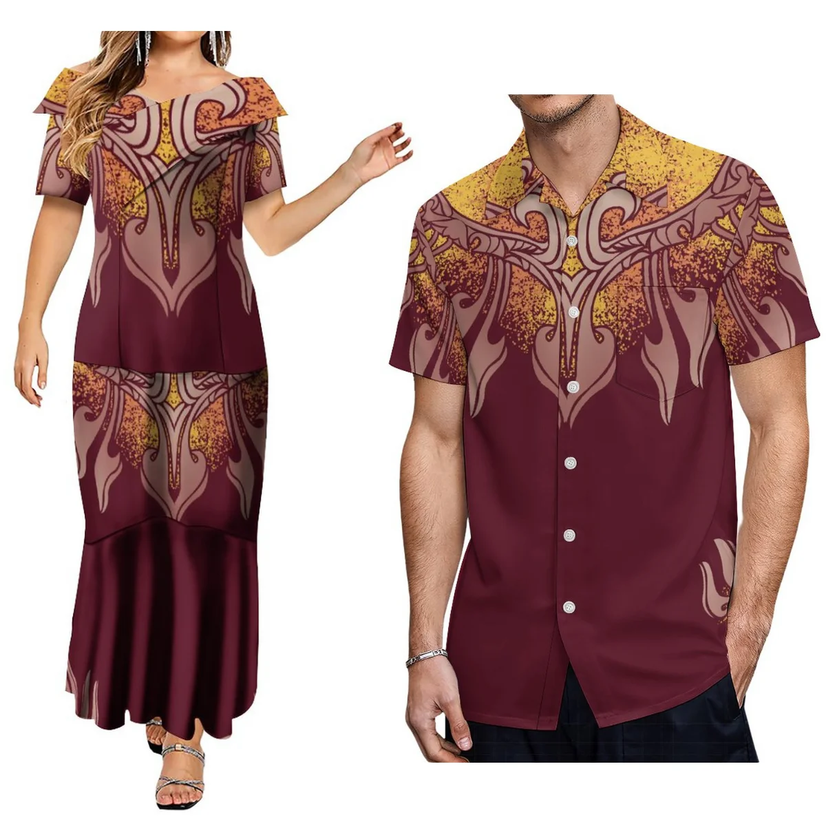 Polynesische Stam Puletasi Print Custom Mode Paar Dames Elegante Jurk Met Heren Top Gratis Verzending