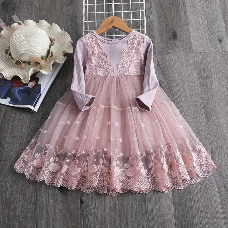 Elegant Girls Knit Dress for Lace Cute Birthday Party Princess Dress Long Sleeve Autumn Kid Dresses 3-8 Yrs Casual Girls Clothes