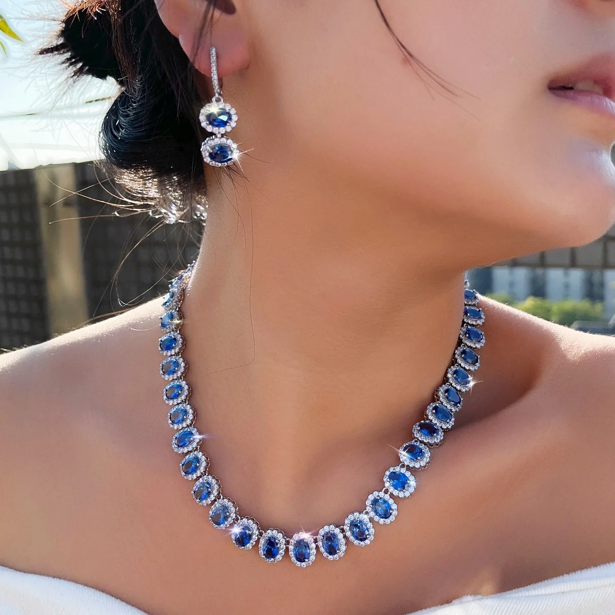 Pera Luxury Shiny Oval Synthetic Tanzanite Blue Wedding Banquet Necklace Earrings Pageant Bridal Jewelry Sets for Women J012