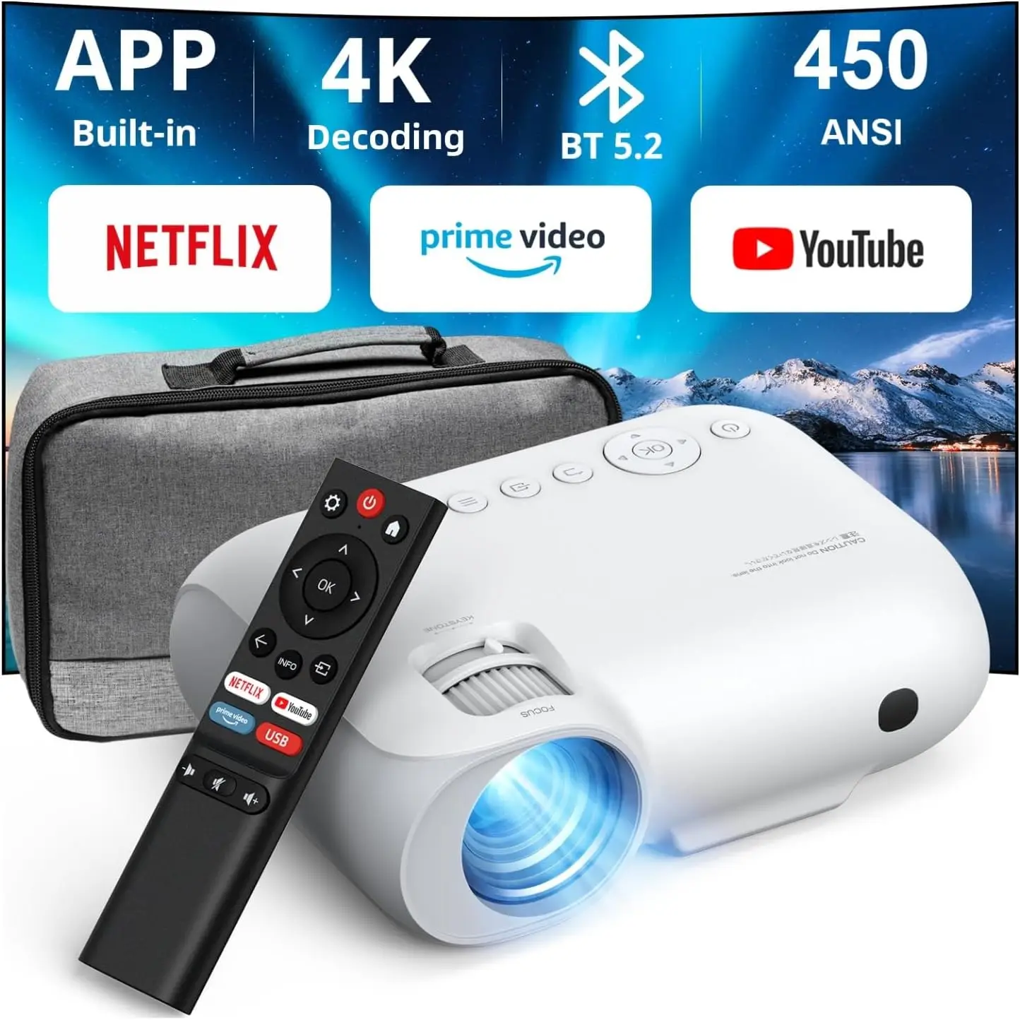 

Умный WiFi Bluetooth-проектор, лицензированный для Netflix/Prime/YouTube, портативный, для просмотра фильмов на открытом воздухе, 1080P HD, поддержка 4K, Dolby Audio