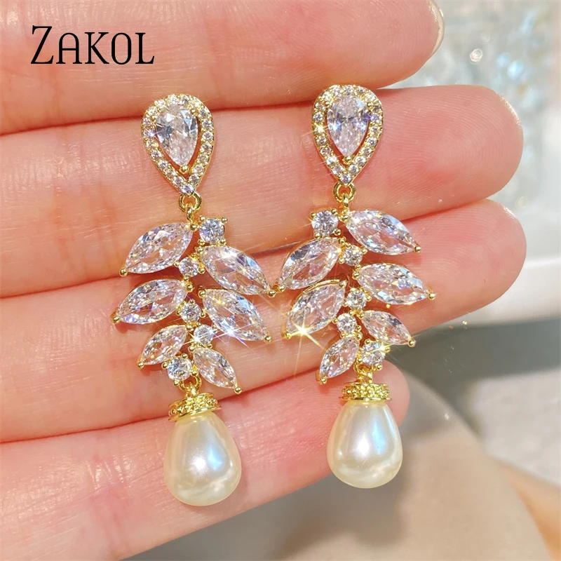 ZAKOL Elegant Cubic Zirconia Leaf Dangle Earrings for Women Luxury Imitation Pearls Bridal Earring Wedding Jewelry