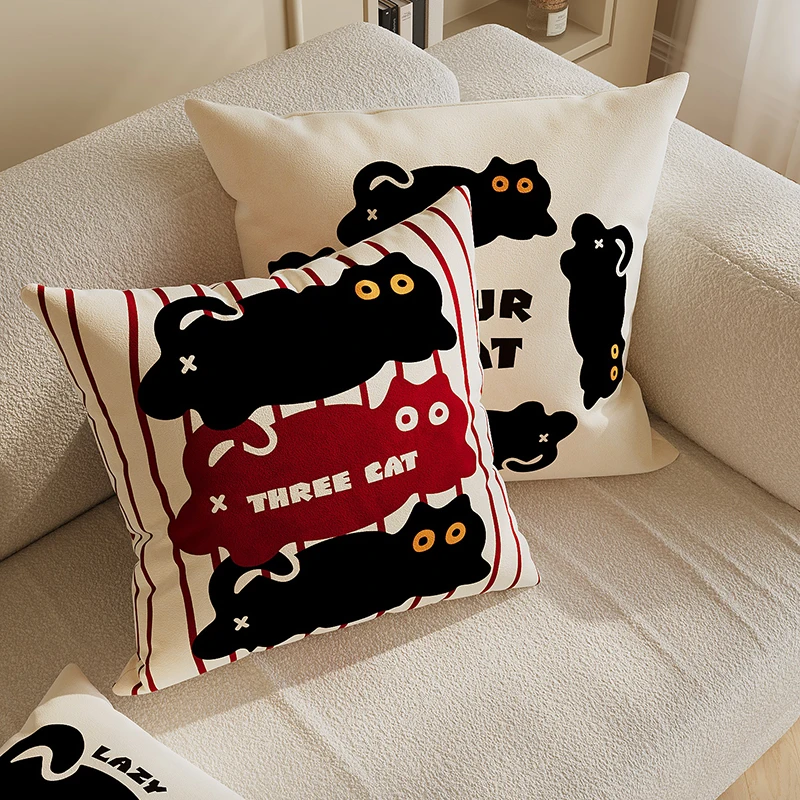 Cute Black  Pillow Office Living Room Sofa Bedroom Headrest Cushion with Core New Model Holland Velvet Animal Cartoon Squa...