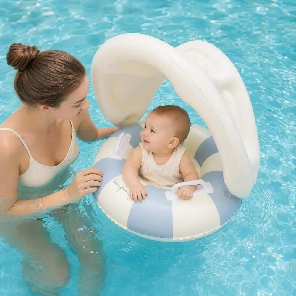 

Baby Swim Ring with Detachable Canopy Inflatable Striped Pool Float Seat with Handle Sun Protection Swimming Pool Ring for Kids