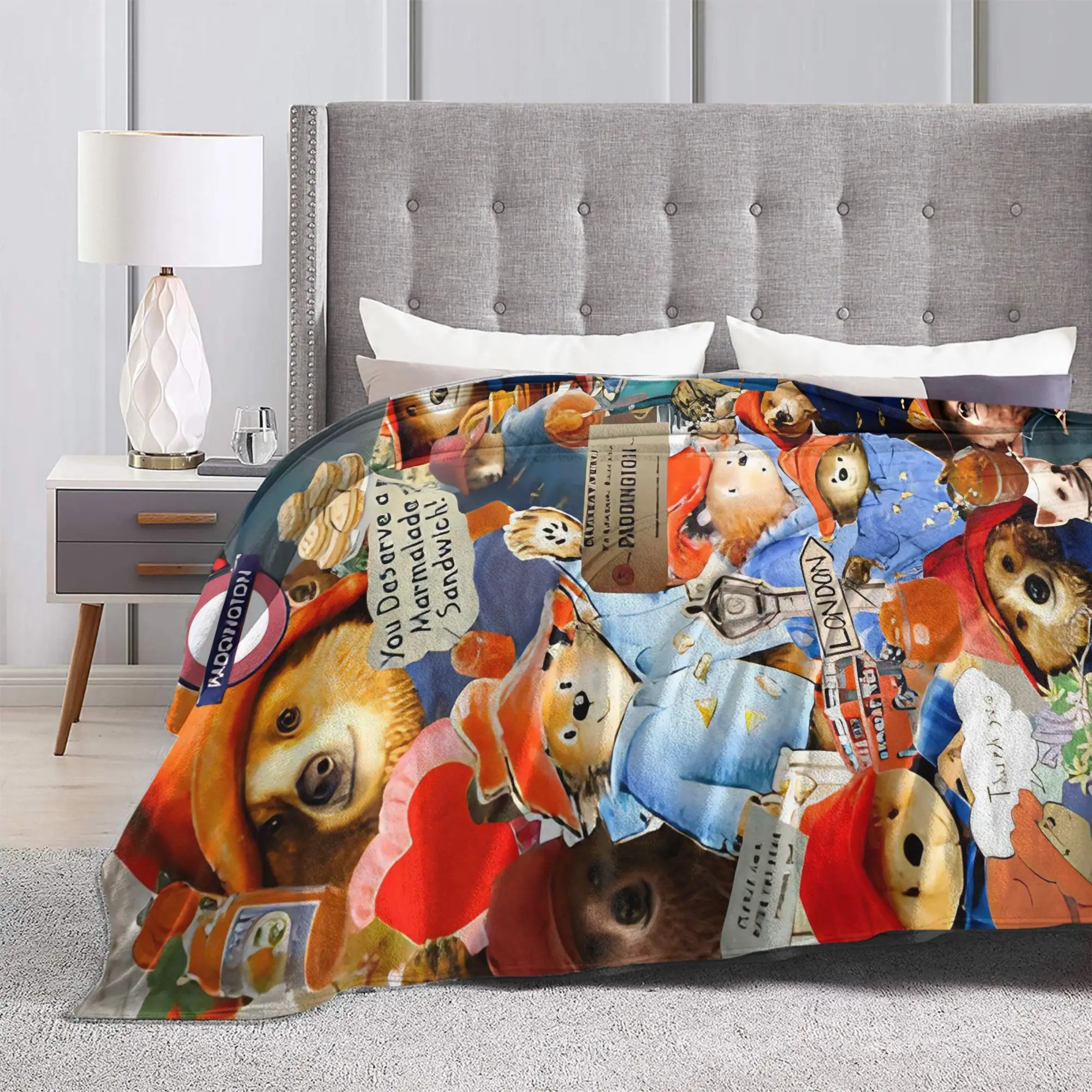 بادينغتون الدب لندن المشهد الكولاج لطيف طباعة سوبر بطانية دافئة السفر أفخم رمي بطانية الفانيلا المفرش أريكة غطاء سرير