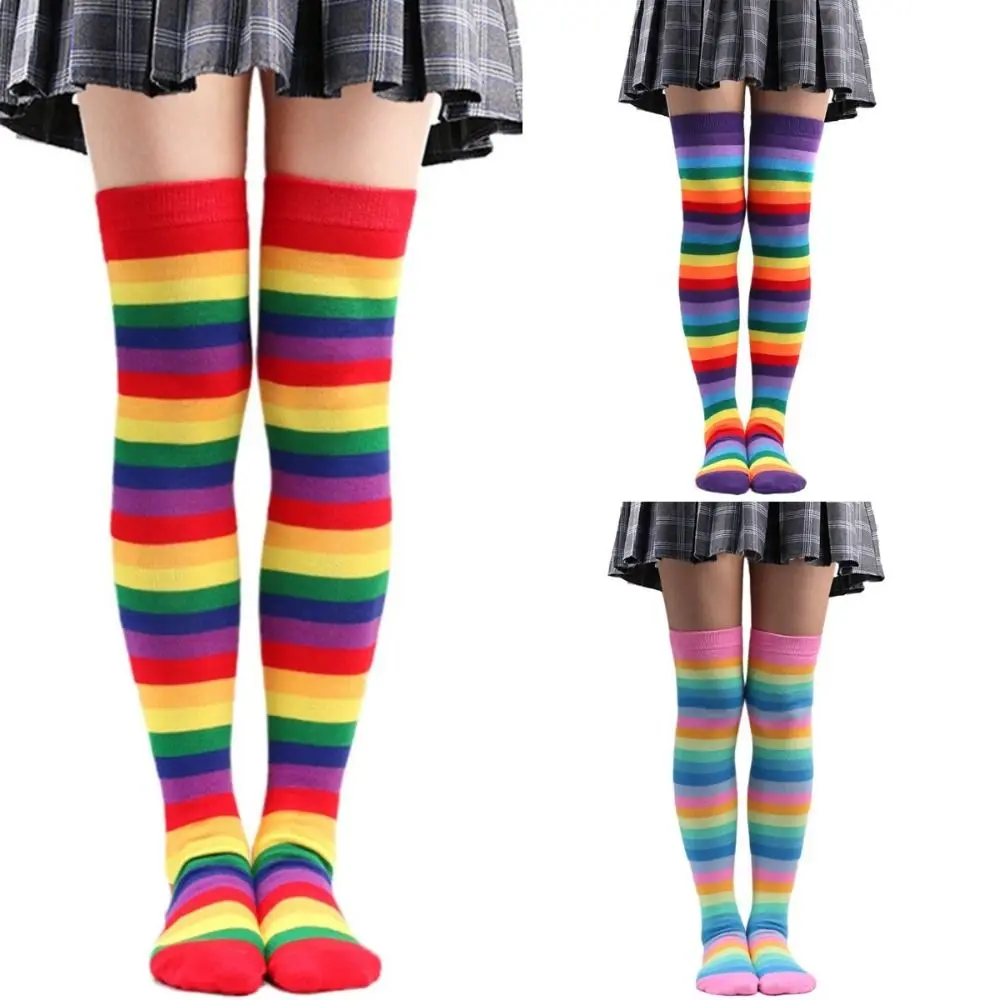 Meias Coloridas Arco-íris para Meninas da Escola, Meias Longas Listradas, Joelho Coxa Meias Altas, Uniforme JK, Halloween Cosplay Acessórios