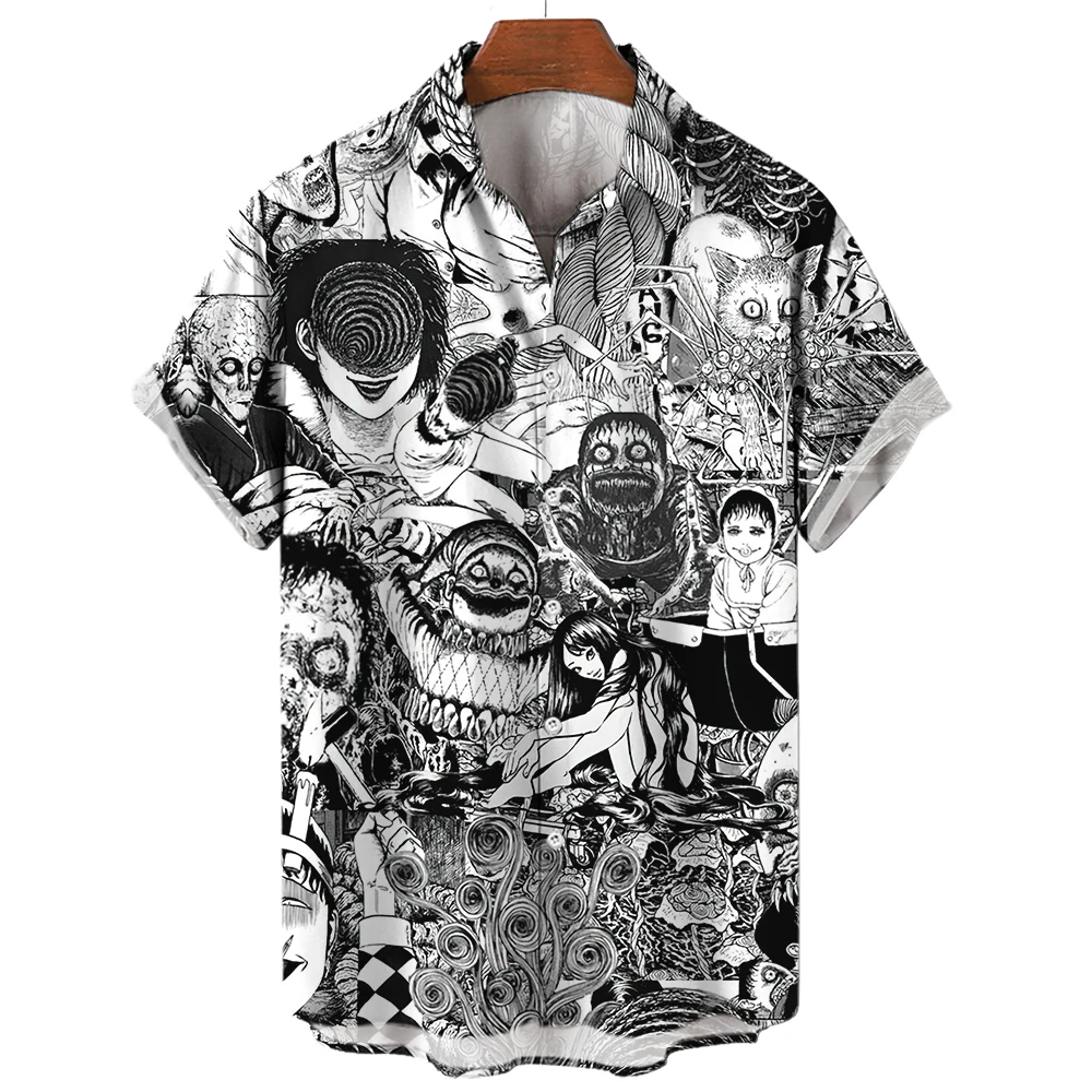 Summer Men\'s 3D Printed Horror Pattern Shirt Hawaiian Fashion Designer Tops Streetwear Clothes Gothic Short Sleeve Button