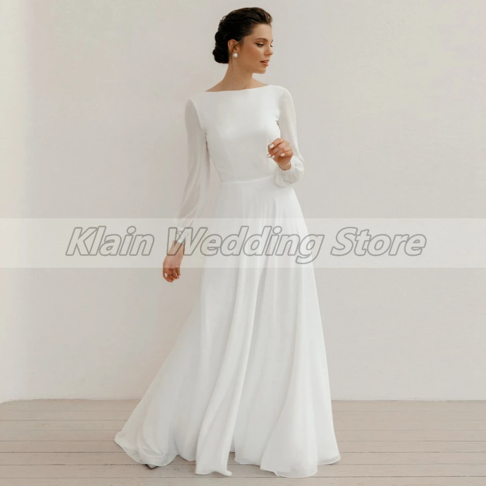 

Romantic Boat Neck Civil Wedding Dress with Long Sleeves for Woman Lace Backless Beach Chiffon Bridal Gowns Sweep Train Custom