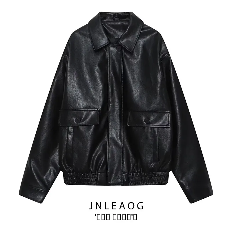 

Модный дизайн JNLEAOG, женская кожаная куртка, осеннее новое универсальное пальто из полиэфирного волокна, длинное пальто с откидным воротником све
