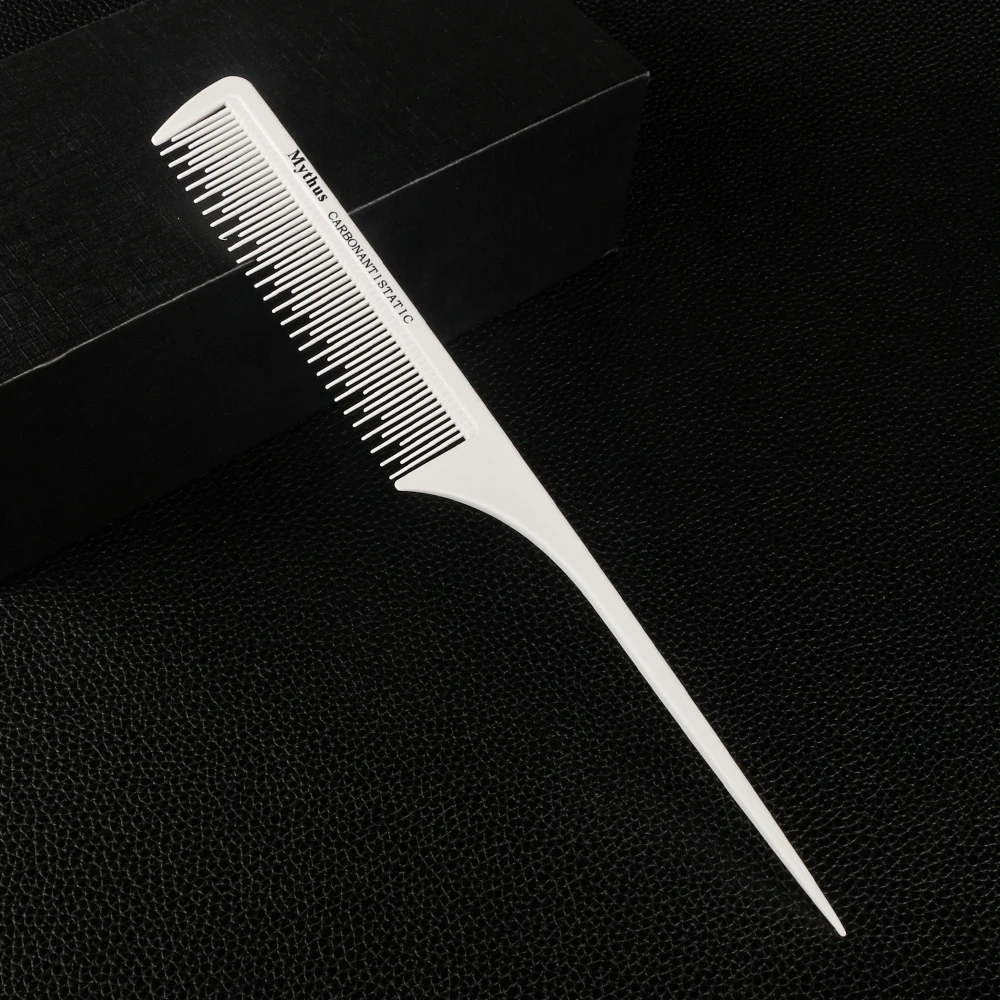 Mythus-Pente Anti-Estático para Barbeiro, Ferramentas de Cabelo Profissional, Carbono, White Rat Tail Comb, Beleza