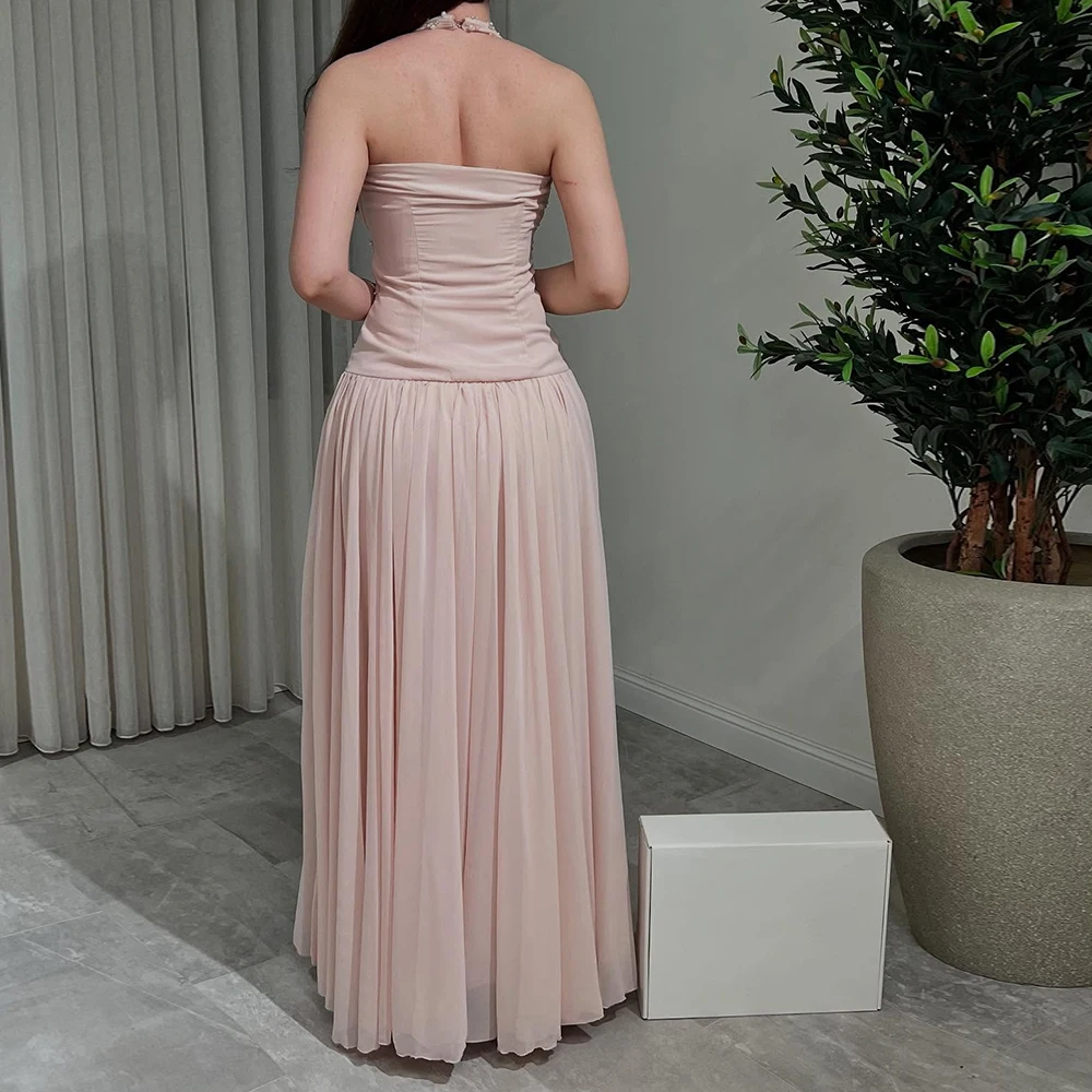 Vestidos de Noche acampanados personalizados hasta el tobillo, vestido de fiesta sin mangas con cuello en V, vestido de fiesta sin espalda con cuentas de cristal a la moda Simple