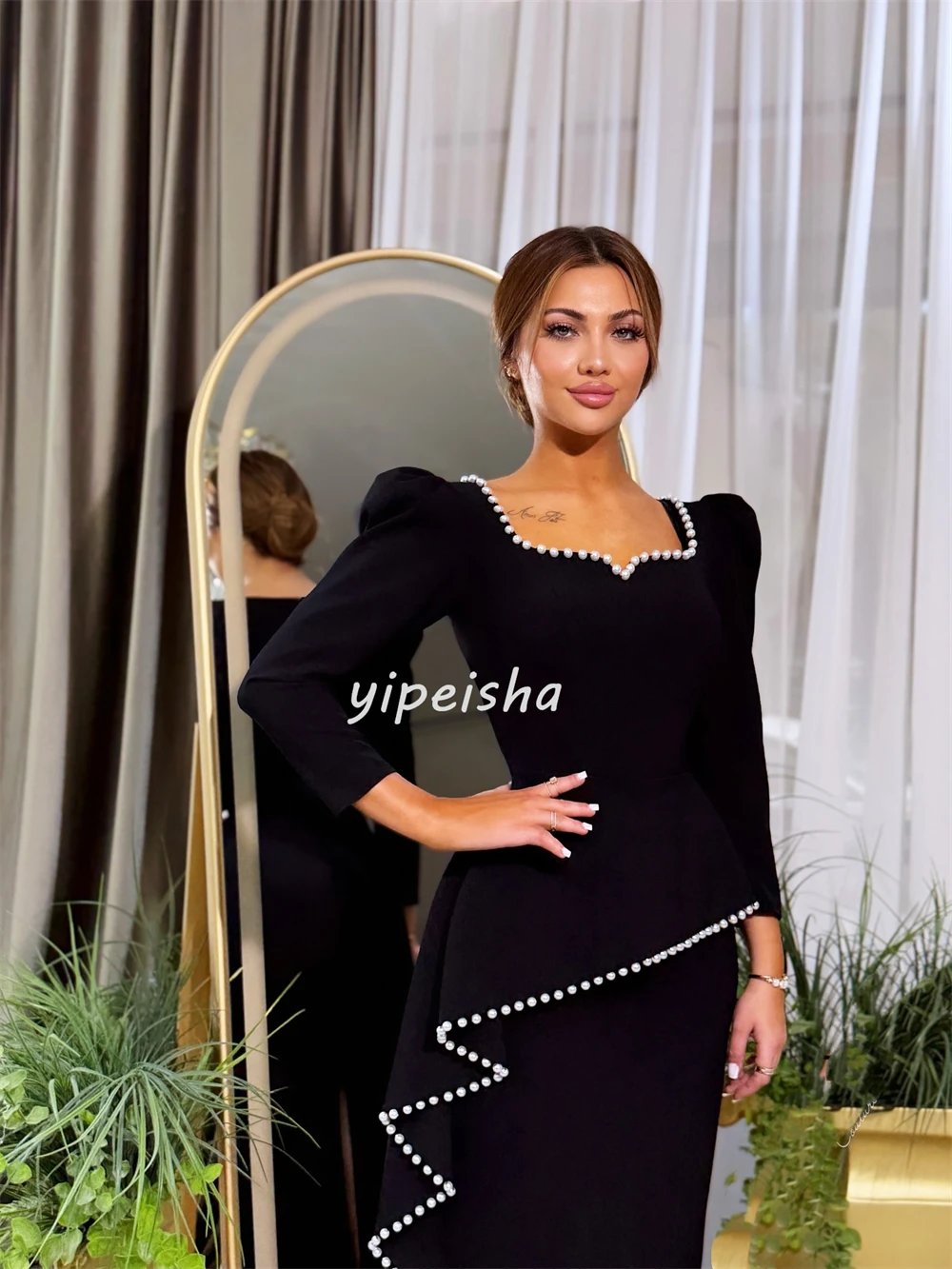 Customized High Quality Elegant Pearl Ruched Straight Square Neck Ankle Length Dresses Bespoke Occasion Dresses Sizes Available