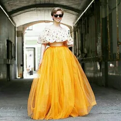 Spring Autuam Yellow Long Maxi Skirts High Waist Women Saias Without Top Tulle Women Formal Party Skirt