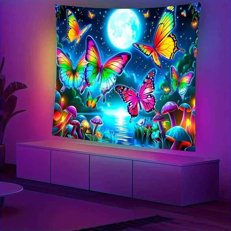 VIKAMA Fantasy Forest Wall Hanging, Glowing Butterfly Mushroom Full Moon Lake Tapestry, UV Reactive Indie Indoor Wall Decor